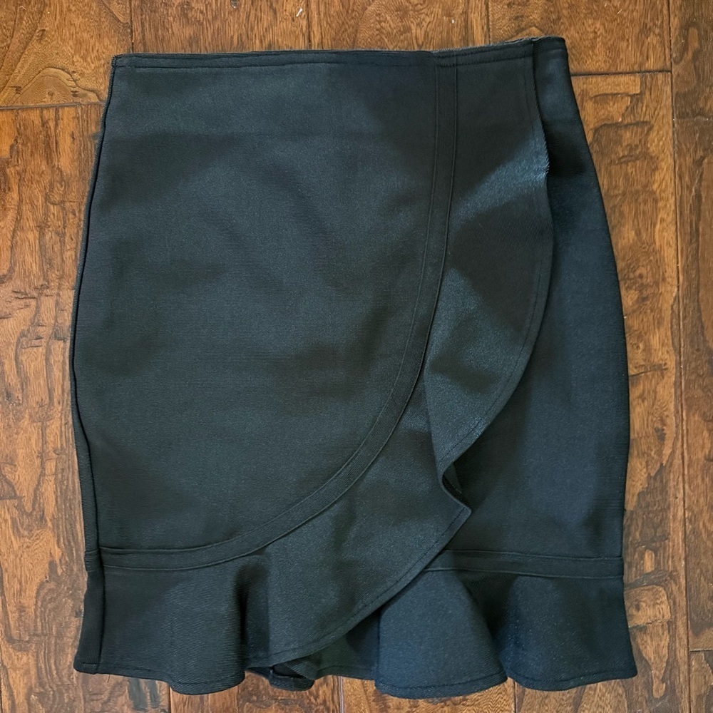 WOW Couture Black Bandage Knee Length Pencil Ruffle Bottom Skirt